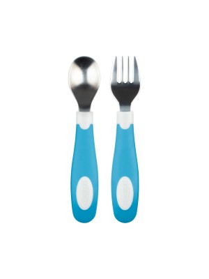 Cuchara y tenedor de metal con agarre suave celeste